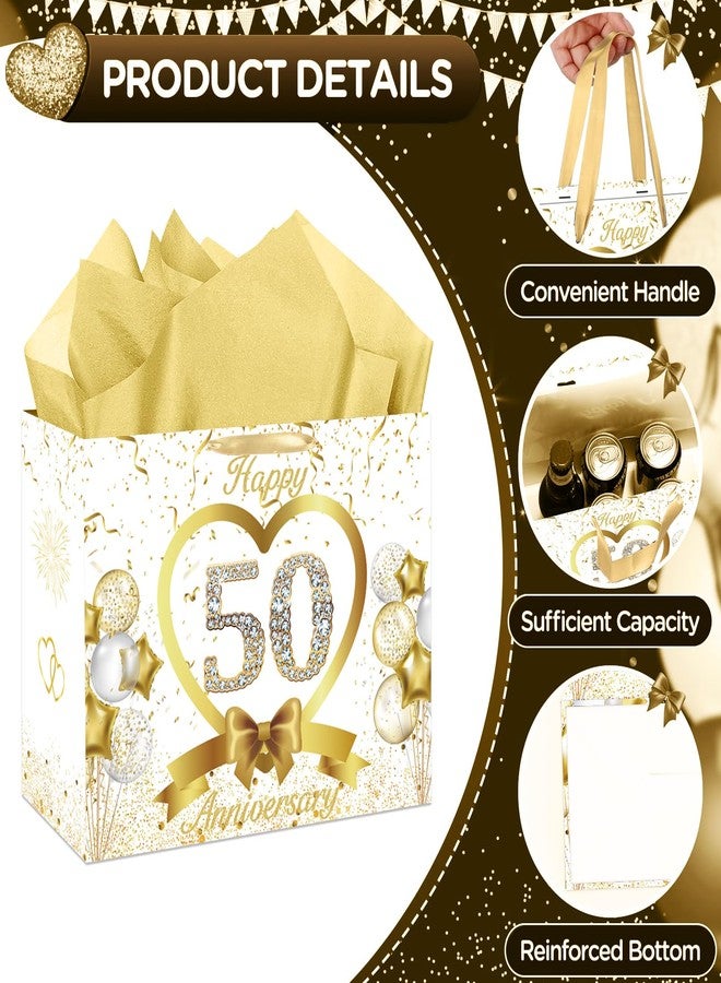 GOLDCROW White Gold 50th Wedding Anniversary Paper Gift Bag Large Happy 50th Anniversary Party Gift Wrapping Bag with Tissue Papers and Card 50th Wedding Anniversary Party Decorations - Image 3